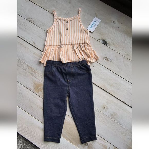 Carter's 2pc Pant Set With Ruffle Striped Tank Top Bodysuit Orange Blue 12 Month - Picture 1 of 5